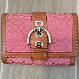 Coach Pink Signature Canvas Wallet with Brown Leather Trim and Silver Buckle